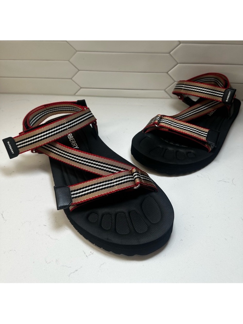 Burberry Black Sandals with Beige and Red Striped Webbing - Picture 2 of 8